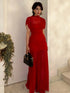 Elegant Mesh Patchwork Pleated Long Skirt Dress for Women Slim Evening Party Maxi Dress